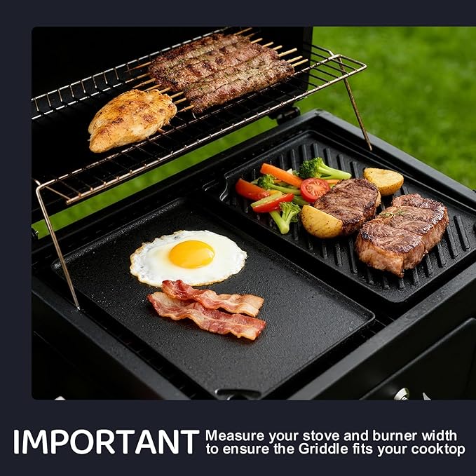 EWFEN Reversible Grill/Griddle, 16.7x9.5'' Pre-Seasoned Cast Iron Griddle Pan, Double Burner Cookware, Rectangular Non-Stick Stovetop Griddle with Handles, Flat Top Plate for Oven, Grill & Campfire