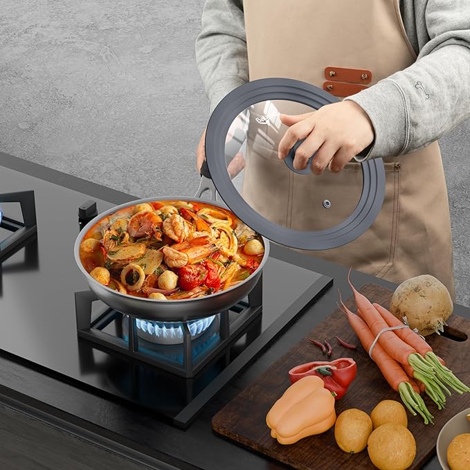 Universal Lids for Pots, Pans and Skillets, 10.5", 11" and 12" Pan Lid, Tempered Glass Pot Lid with Silicone Rim Heat Resistant, Replacement Pan Cover for Frying, Cookware & Bakeware Lids, Grey