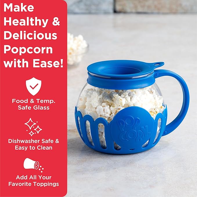 Ecolution Patented Micro-Pop Microwave Popcorn Popper with Temperature Safe Glass, 3-in-1 Lid Measures Kernels and Melts Butter, Made Without BPA, Dishwasher Safe, 1.5-Quart, Blue