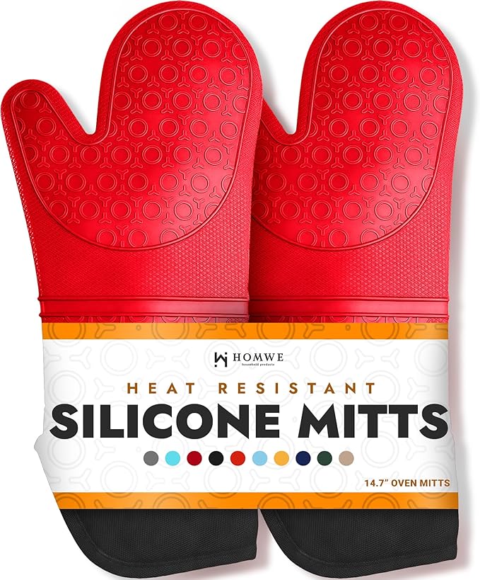 BPA-Free Soft Silicone Oven Mitts - Ultra Heat Resistant Oven Mitts with Thick Cotton Liner - Extra Long Slip Resistant Pot Holders, Flexible Oven Gloves - Red/Black 14.7"