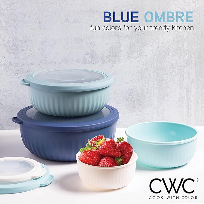 COOK WITH COLOR Prep Bowls with Lids- Wide and Deep Nesting Plastic Small Mixing Bowl Set with Lids, 8 Piece Set - Wide Bowls, Blue