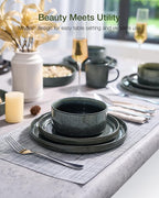 Famiware Star 16-Piece Stoneware Dinnerware Sets, Service for 4 - Shallow Pasta Bowls & Flat Plates, Modern Rustic Reactive Glaze Dishes, Chip/Scratch Resistant, Microwave/Dishwasher Safe, Deep Forest