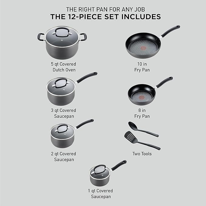 T-fal Ultimate Hard Anodized Nonstick Cookware Set 12 Piece, Oven Broiler Safe 400F, Lid Safe 350F, Kitchen Cooking Set w/Fry Pans, Saucepans, Dutch Oven, Pots and Pans, Dishwasher Safe, Onyx