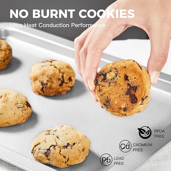 HONGBAKE Cookie Sheet, Baking Sheet Set, Nonstick Oven Pan with Wider Grips,3 Pack, Avoid Too Much Browning -Noble Silver