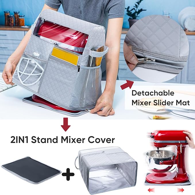 BAGSPRITE Stand Mixer Cover with Detachable Appliance Sliders Base Compatible with KitchenAid Mixer-Storage Bag for 4.5/5 Quart with Pockets for Kitchen Aid Accessories and Attachments