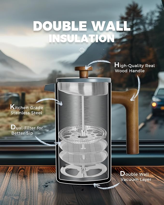 POLIVIAR French Press Coffee Maker, 34 oz Coffee Press with Real Wood Handle, Double Wall Insulation & Dual-Filter Screen, Food Grade Stainless Steel for Good Coffee and Tea (Alpline)