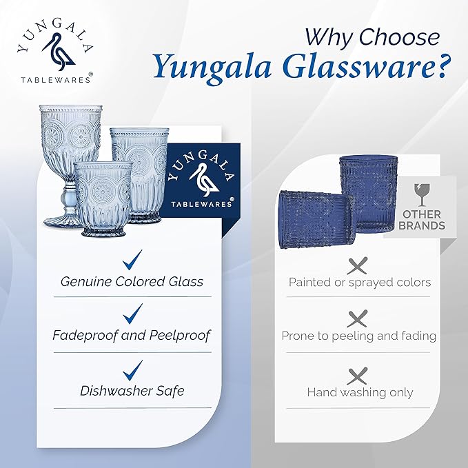 Yungala Blue Glassware set of 6 small dishwasher safe colored glasses, Blue glass cups, matching highball and wine glasses available