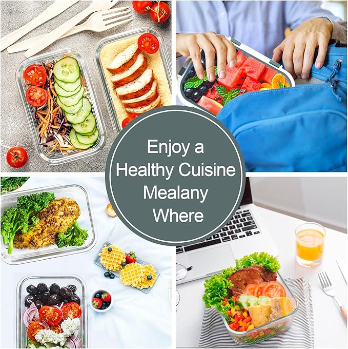 VERONES 10 Pack Glass Meal Prep Containers, Airtight Glass Lunch Containers, Stackable Glass Food Storage Containers Set with Lids,Exclusive of BPA,for Microwave, Oven, Freezer & Dishwasher,Grey