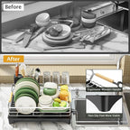 Epicano Dish Drying Rack for Kitchen Counter,Space-Saving Dish Rack,Rustproof Dish Drainer with Utensil Holder and Knife Slots for Sink,Kitchen Drying Rack with Wooden Handle and Cup Holder, Silver