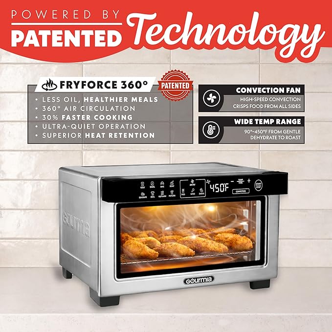 Gourmia Toaster Oven Digital Air Fryer - Convection Mode with 4 Slice Capacity, 3 Rack Positions, 12 Presets, Toast, Bagel, Bake, Roast, Broil, Dehydrate, Popcorn, Fits 9" Pizza, Stainless Steel
