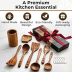 Wooden Utensil Set 8 Pcs – Sturdy & Easy to Clean, Natural Teak Wooden Spoons for Cooking – Non-Scratch Cooking Utensils with Spatula, Turner, Ladle, Spoons, Skimmer, Holder, Spoon Rest & 6 Hooks