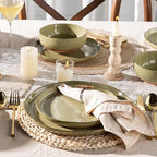 AmorArc Ceramic Dinnerware Sets for 4, 12 Pieces Handpainted Plates and Bowls Set with Rustic Terracotta Underside, Scratch Resistant Stoneware Dishes Set, Dishwasher & Microwave Safe, Olive Green