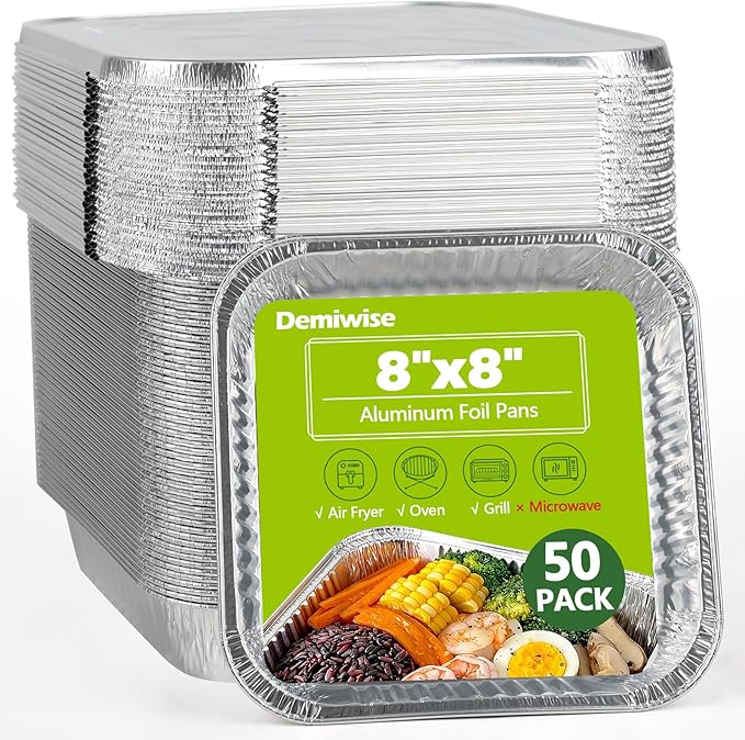 Thickened 50 Pack Heavy Duty Aluminum Pans with Lids, 8x8 Square Disposable Aluminum Baking Pans, Small Foil Pans with lids for Cooking, Meal Prep, Catering, Events, Carton Packaging