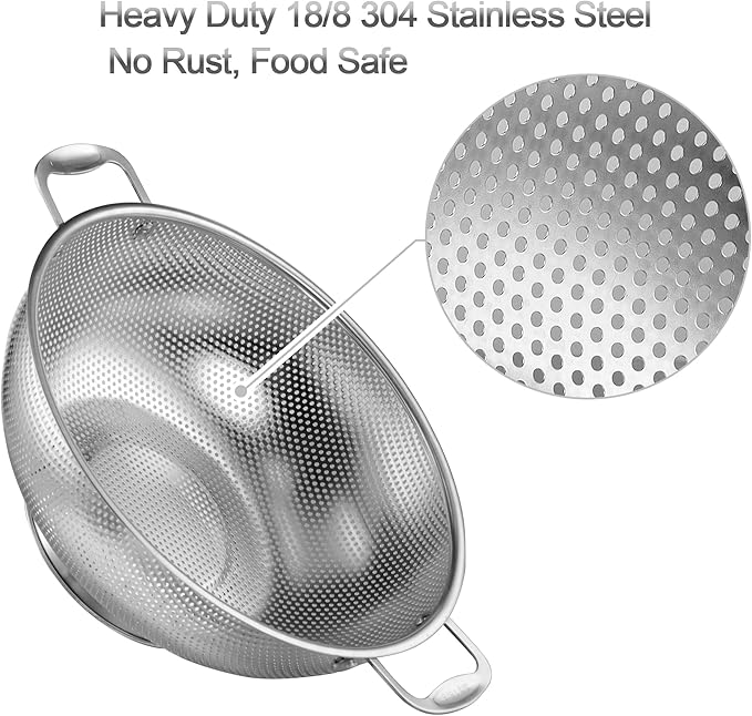 Tiawudi Large 6-Qt Colander, 18/8 Stainless Steel Mesh Strainer for Kitchen, Food Sieve with Riveted Handles and Self-draining Solid Ring Base, Great for Pasta, Rice, Vegetables and Fruits