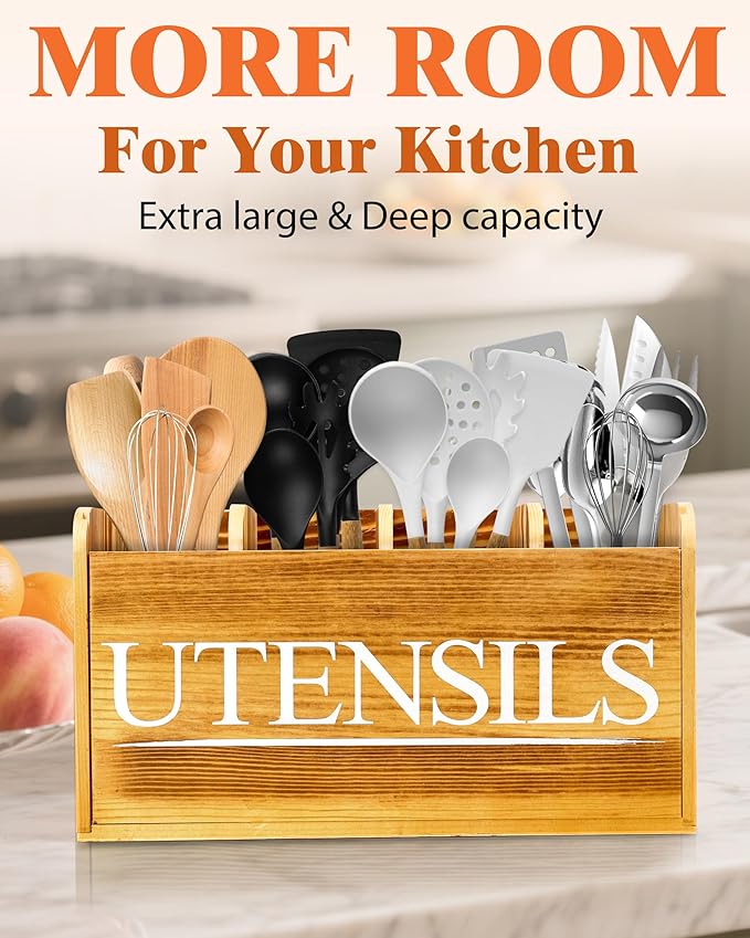 Kitchen Utensil Holder for Kitchen Counter Large Wooden Organizer for Cooking Utensils Utensil Holder Counter Farmhouse Décor (Farmhouse Wooden)
