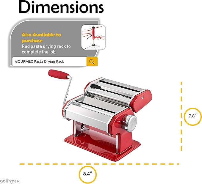 GOURMEX Stainless Steel Manual Pasta Maker Machine | With Adjustable Thickness Settings | Perfect for Professional Homemade Spaghetti and Fettuccini | Includes Removable Handle and Clamp (Red)
