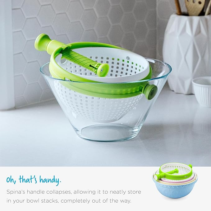 Dreamfarm Spina 2-In-1 Easy-To-Use, Collapsible Salad Spinner & Straining Colander for Salad, Fruit, Vegetable, Lettuce - White/Green