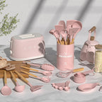 Umite Chef Silicone Kitchen Utensils Set, 33 Piece Non-Stick Kitchen Utensils with Stand, Wooden Handle, Pink