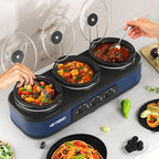 Triple Slow Cooker, 3×1.5 QT Buffet Servers and Warmers, 3 Pots Buffet Slow Cooker Adjustable Temp Lid Rests Stainless Steel Manual Silver for Parties Holidays Families,Blue