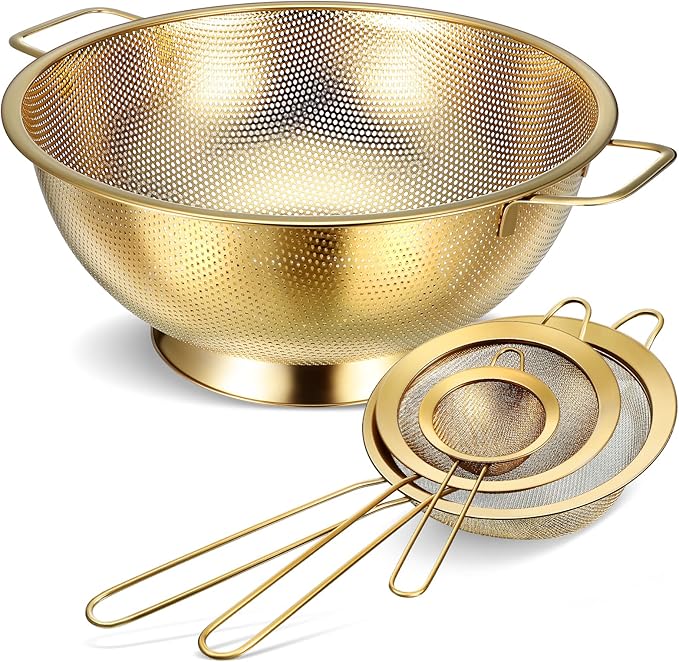 Norme 3 Quart Stainless Steel Gold Colander Gold Fine Mesh Strainer, Stainless Steel Pasta Rice Food Metal Strainer with Handles, Easy Clean and Dishwasher Safe