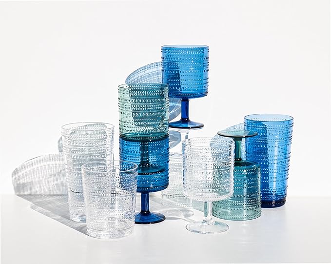 Beaded 15.6 oz Durable Acrylic Double Old Fashioned Drinking Glasses, Shatter-Resistant and Dishwasher-Safe Indoor/Outdoor Drinkware for Scotch, Bourbon, Cocktails - Clear - Set of 6