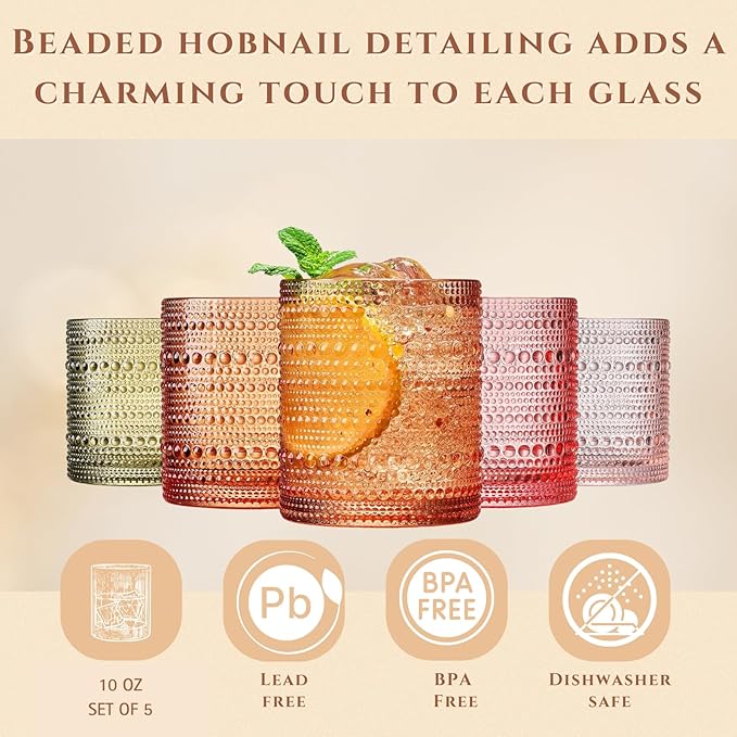 Hobnail Tumbler Drinking Glasses Set | Set of 5 | Vintage Sunset Colored Beaded Hobnails 10 OZ Muted Bubble Whiskey Glassware, Old-Fashioned, Embossed Design Glass Water Wine, Cocktail Glass Set Gift