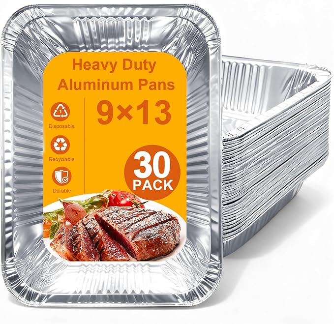 Aluminum Foil Pans 9x13 - Disposable Half Size Deep Steam Table Tin Foil Pans for Oven Baking Cake, Roasting Turkey, Food Prepping, Storing, Freezing, Chafing (30 Pack)