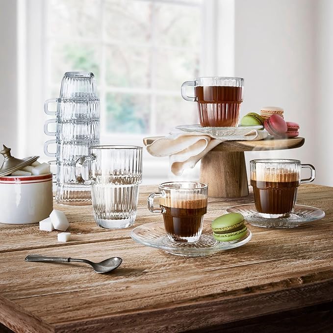 Bormioli Rocco Barshine 10.5 oz. Coffee, Tea and Hot Cocoa Mugs Stackable Tempered Drinking Glasses, Set of 12, Clear