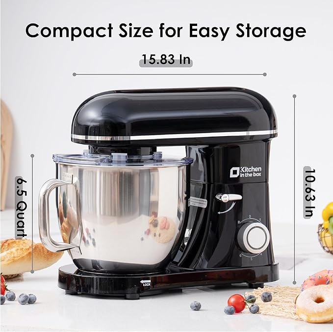 Kitchen in the box Stand Mixer - 6.5 Quart Mixing Bowl with Handle, 900 Watt Heavy Bread Dough Standing Mixers Tilt-head with Dough Hook, Whisk, Flat Beater and Splash Guard (Black)