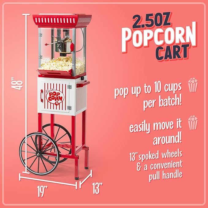 Nostalgia Popcorn Maker Machine - Professional Cart With 2.5 Oz Kettle Makes Up to 10 Cups - Vintage Popcorn Machine Movie Theater Style - Red & White