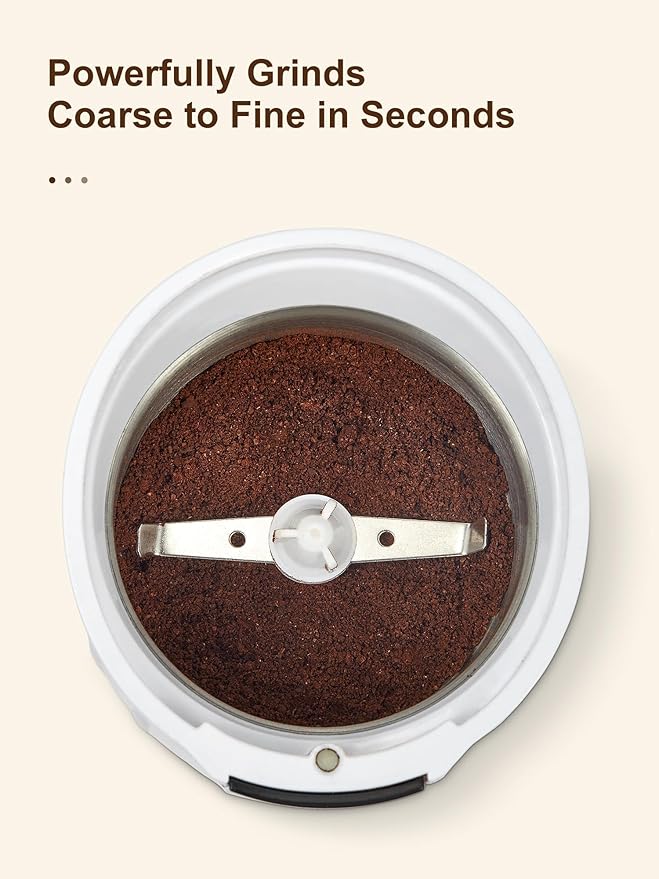 Coffee Grinder, Electric Coffee Grinder with 3.5Oz Large capacity, One-Touch Coffee and Spice Grinder with Stainless Blade, Cleaner Brush And Spoon for Home Use (White)