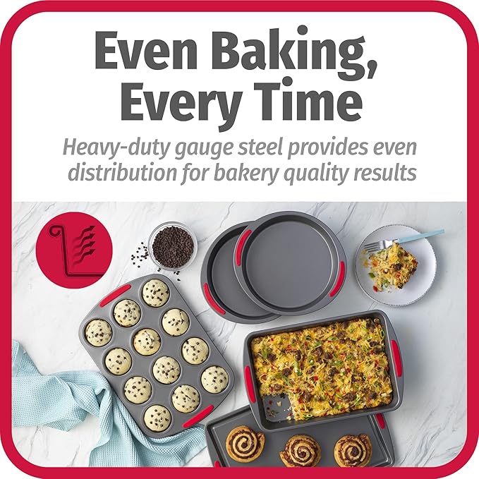 GoodCook 5-Piece Mega Grip Nonstick Bakeware Set – Cookie Sheet Pan, 2 9” Round Cake Pans, 13” x 9” Bake & Roast Pan, 12-Cup Muffin Pan - Baking Supplies, Baking Pans Set