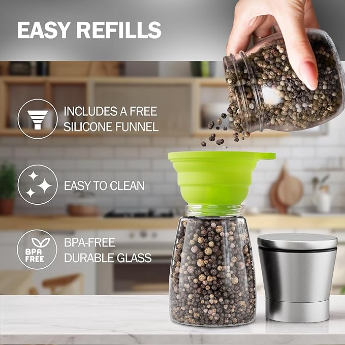 Home EC Original Stainless Steel Sea Salt and Pepper Grinder Set of 4 - Adjustable Ceramic - Glass Salt and Pepper Shakers Mills - Modern Kitchen Spice Mill W/Funnel & EBook