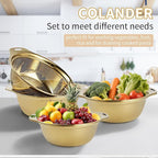 Colander 304 Stainless Steel 5-quart with Mixing Bowls, Strainer for Kitchen Food For washing vegetables, fruit, rice, Dishwasher Safe. (Gold 2PC)
