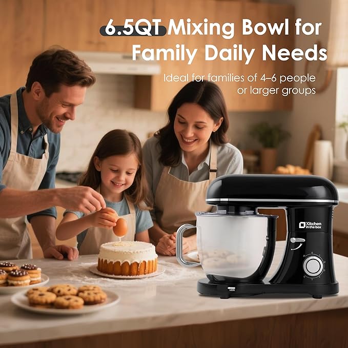 Kitchen in the box Stand Mixer - 6.5 Quart Mixing Bowl with Handle, 900 Watt Heavy Bread Dough Standing Mixers Tilt-head with Dough Hook, Whisk, Flat Beater and Splash Guard (Black)