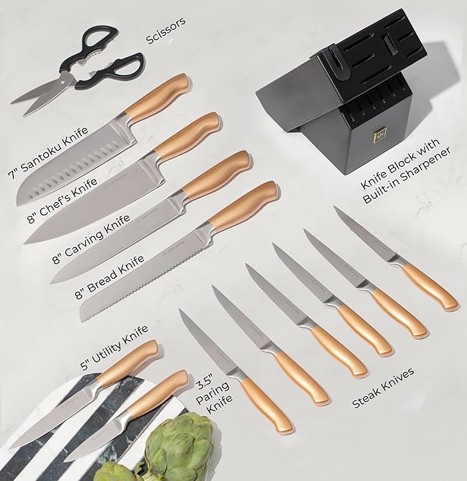 Black and Gold Knife Set for Kitchen with Block – 14-Piece Ultra-Sharp Stainless Steel Knives with Gold Handles and Built-In Sharpener – Stylish Kitchen Accessories for Cooking and Decor