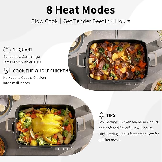 N21NA Pro Slow Cooker 10 Quart, 8-in-1 Programmable PFOA-Free Ceramic Coated Multi-Cooker with Grill Pan, Steaming Plate (Includes Silicone Spoon & Tongs)