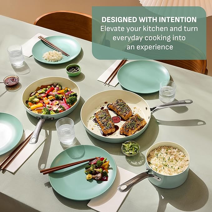 T-Fal Inspire Nonstick Ceramic Cookware Set, 10-Piece, Oven Safe to 500°F, Stockpot, Ceramic Pots and Pans Set, Frying Pans, Saucepans, Stockpot, Protectors, Mint Green