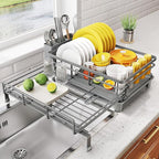 SNTD Dish Drying Rack - Extendable Dish Rack, Large Sink Drying Dish Drainer for Kitchen Counter, Stainless Steel Dish Strainer with Utensil Holder (Grey)