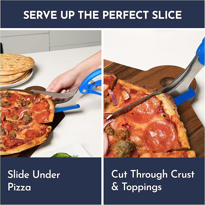 Loftern Blue Pizza Scissors - Non-Stick Pizza Scissors with Firm Grip Base - Food Grade Stainless Steel Pizza Cutter - 5-in-1 Food Slicer & Pizza Server - Durable, Safe & Mess Free