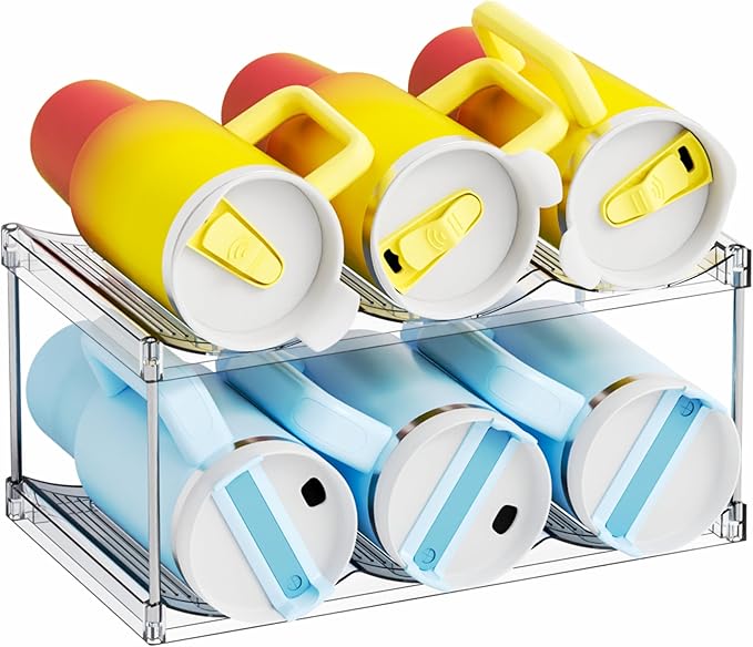 Yieach Stackable Water Bottle Organizer for Stanley,Yeti 40 oz and Others Tumbler Organizer,2 Tier Waterbottle Storage Rack,Clear Acrylic Cup Organizers for Kitchen Cabinets,Countertop,Pantry Shelf