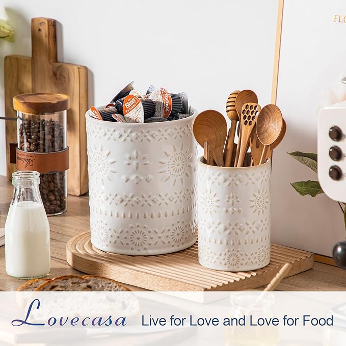 LOVECASA Utensil Holder, 7.2"+5.4" Ceramic Utensil Holder for Countertop, Large Cooking Utensil Crocks for Kitchen Counter, Farmhouse Utensil Vase for Housewarming, Kitchen Decor, Set of 2, Oasis