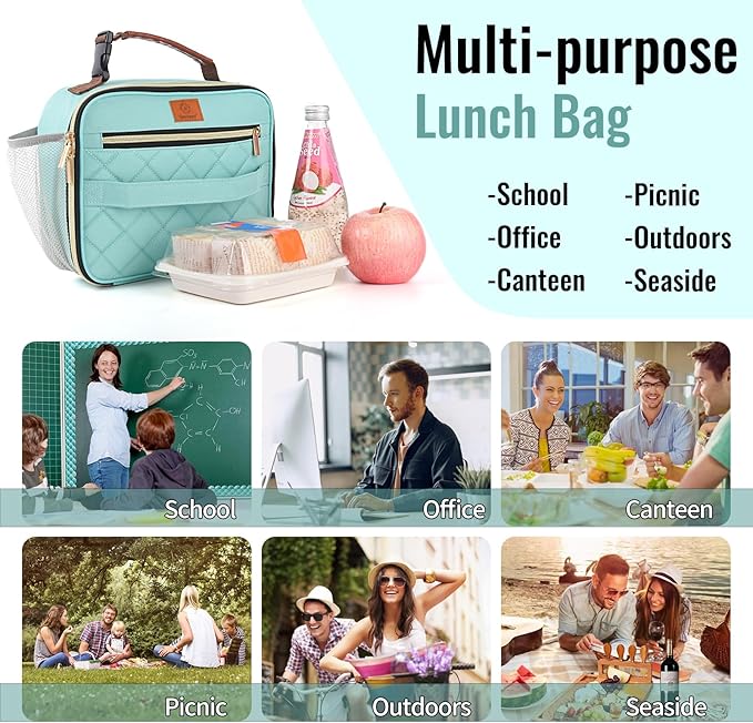 Genteen Lunch Box for Men Women Adults Kids - Insulated LunchBox Reusable, Zip Closure & Buckle Handle, Portable Cooler for Work, School, Travel (Light Green)