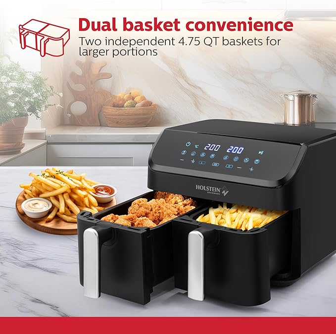 Holstein Housewares 9.5 QT Dual Basket Digital Air Fryer, Independent Controls - Non-Stick, Healthy Cooking with Less Oil, 8 Presets, Fry, Roast, Bake & Grill, LED Display & Dishwasher-Safe Parts