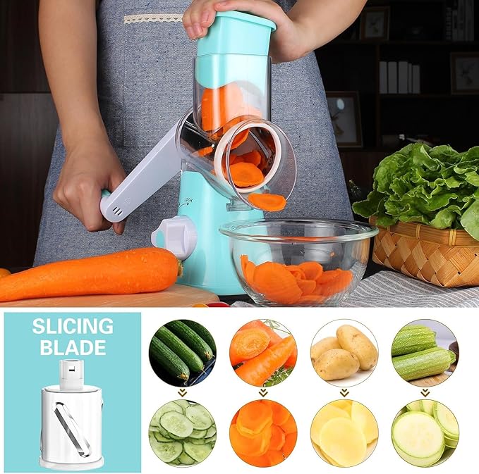 Cambom Rotary Cheese Grater Hand Crank Cheese Shredder for Fresh Cheese, Vegetable, Nuts,Non-slip Suction Base, Free Cleaning Brush Three Blades, Blue