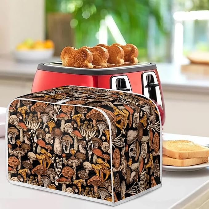 JEOCODY Mushroom Print Toaster Cover for 2 Slice Wide Slot Bread Maker - Small Appliance Dust Protection With Handle for Kitchen, Washable