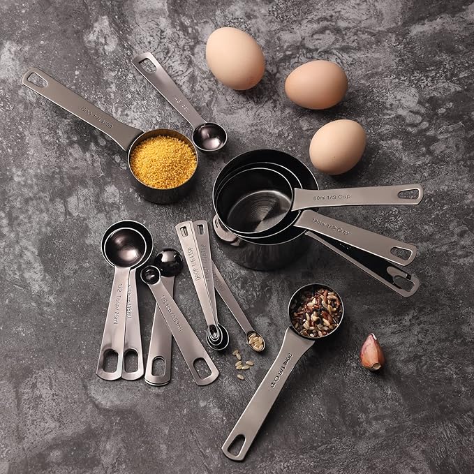 16 Pcs Stainless Steel Measuring Cups and Measuring Spoons Set, Heavy Duty Metal Measuring Cups and Scoops for Kitchen Cooking Baking Includes 5 Cups, 6 Tbsp Tsp Spoons & 5 Mini Spoons(BLK)