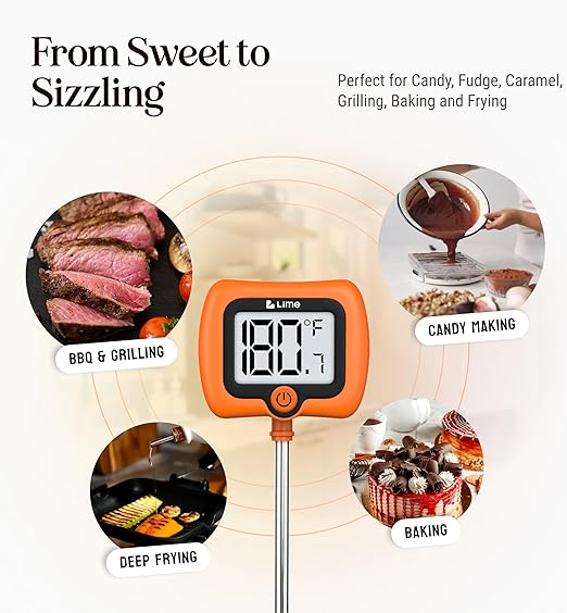 Digital Candy Thermometer with Pot Clip, 10" Long Stainless Steel Probe, Instant Read Kitchen Thermometer for Cooking, Baking, and Candy Making