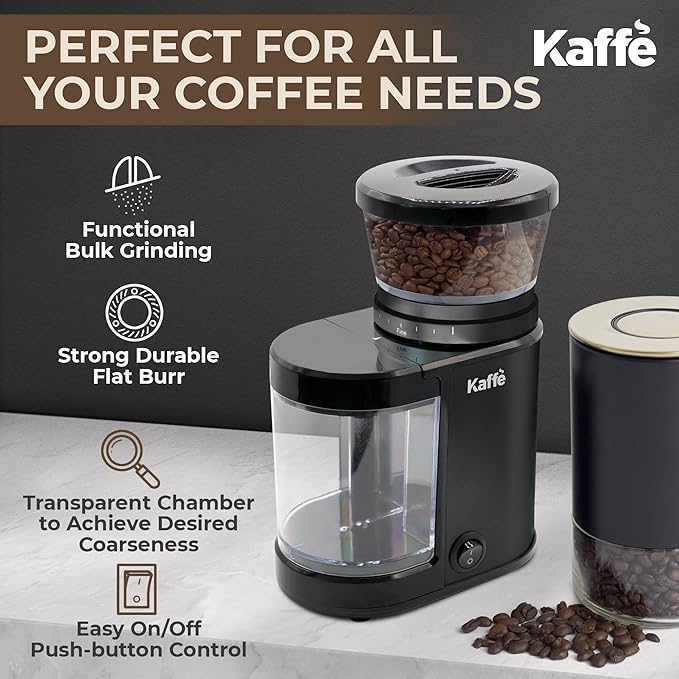 Kaffe Electric Burr Coffee Grinder (5.5oz) w/Adjustable Coarseness Settings - Flat Burr - [New Upgraded Motor ] - Precision Coffee Bean Grinder for Home Use - Black