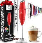 Zulay Kitchen Powerful Double Whisk Milk Frother Handheld - Foam Maker With Stand - Whisk Drink Mixer for Coffee, Mini Foamer for Latte, Matcha, Frappe, Hot Chocolate & Cappuccino (Cardinal Red)